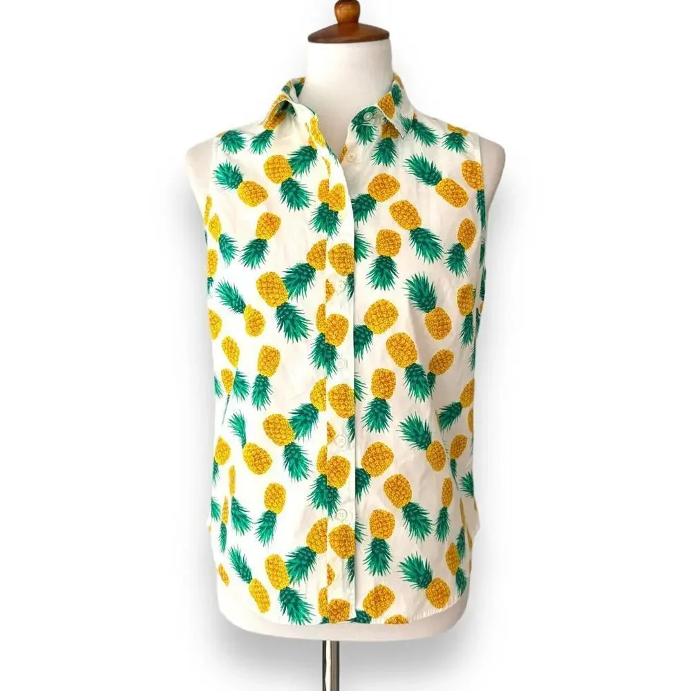 J. Crew White Pineapple Print Sleeveless Button Up Cropped Blouse Top Size M